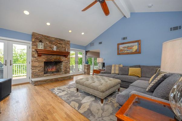 Fireplace, Interior, Living room, Recessed Lighting, Wood Texture Flooring