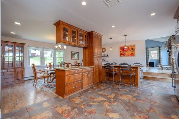Dining room, Interior, Pendant Lights, Recessed Lighting, Wood Texture Flooring