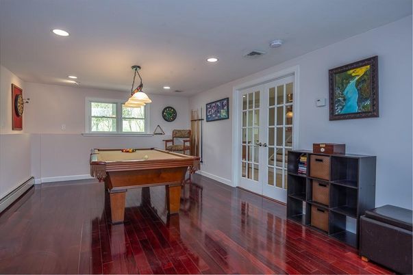 Billiard Table, Game Room, Interior, Pendant Lights, Recessed Lighting, Wood Texture Flooring