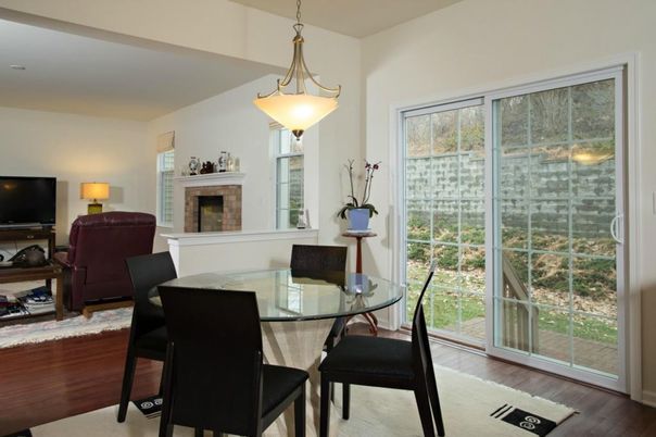 Dining room, Fireplace, Interior, Pendant Lights, Wood Texture Flooring