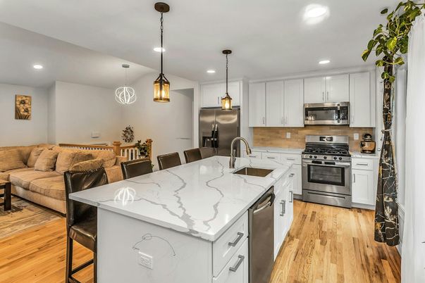 Interior, Kitchen, Living room, Pendant Lights, Recessed Lighting, Stainless Steel Appliances, Wood Texture Flooring