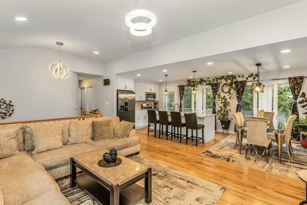 Dining room, Interior, Kitchen, Living room, Pendant Lights, Recessed Lighting, Stainless Steel Appliances, Wood Texture Flooring