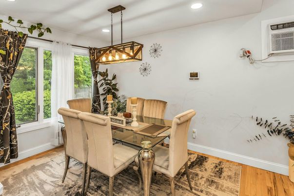Dining room, Interior, Pendant Lights, Recessed Lighting, Wood Texture Flooring