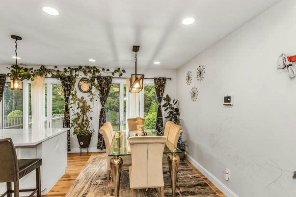 Dining room, Interior, Pendant Lights, Recessed Lighting, Wood Texture Flooring