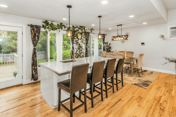 Dining room, Interior, Pendant Lights, Recessed Lighting, Wood Texture Flooring