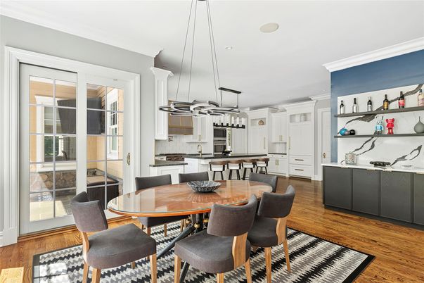 Dining room, Interior, Kitchen, Pendant Lights, Recessed Lighting, Wood Texture Flooring