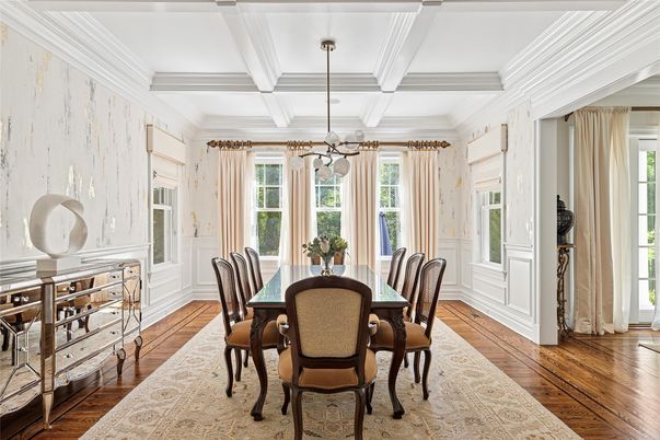 Dining room, Interior, Pendant Lights, Wood Texture Flooring