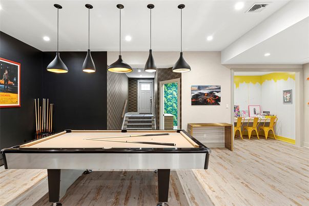 Billiard Table, Game Room, Interior, Pendant Lights, Recessed Lighting, Wood Texture Flooring