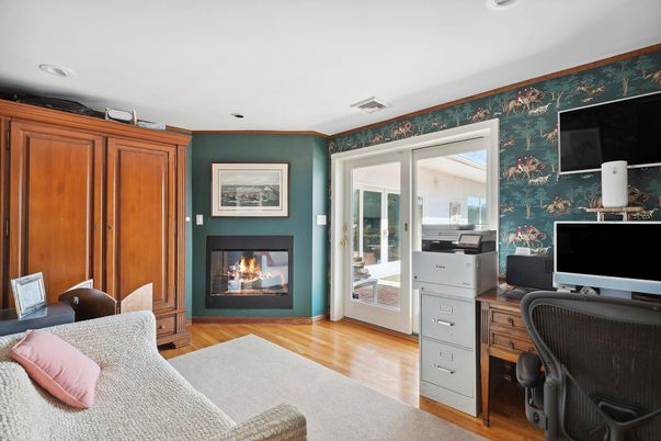 Fireplace, Home Office, Interior, Recessed Lighting, Wood Texture Flooring