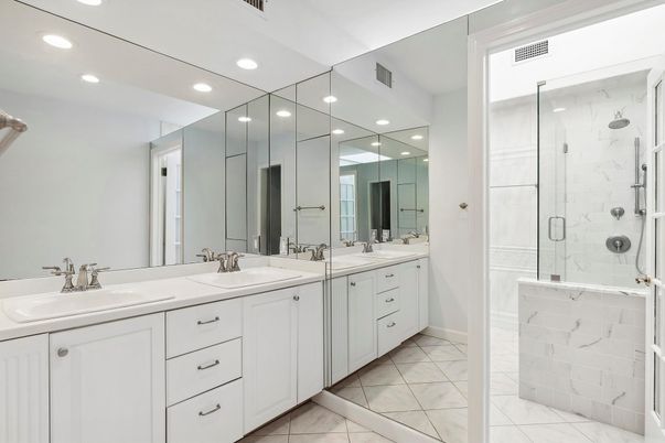 Bathroom, Dual Sink Vanities, Glass Shower, Interior, Marble, Recessed Lighting