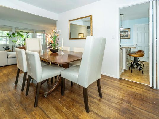 Dining room, Interior, Pendant Lights, Wood Texture Flooring