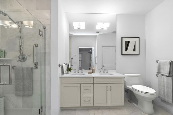 Bathroom, Dual Sink Vanities, Glass Shower, Interior, Marble, Marble Walls