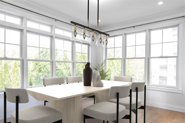 Dining room, Interior, Pendant Lights, Recessed Lighting, Wood Texture Flooring