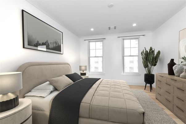 Bedroom, Interior, Recessed Lighting, Wood Texture Flooring