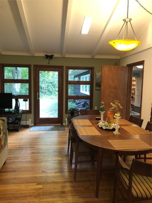 Dining room, Interior, Pendant Lights, Wood Texture Flooring