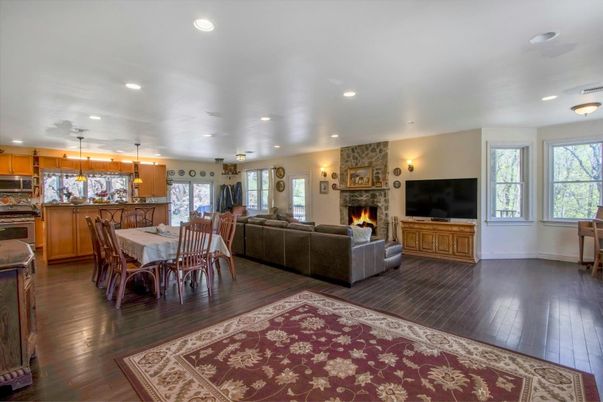 Dining room, Fireplace, Interior, Kitchen, Living room, Pendant Lights, Recessed Lighting, Wood Texture Flooring