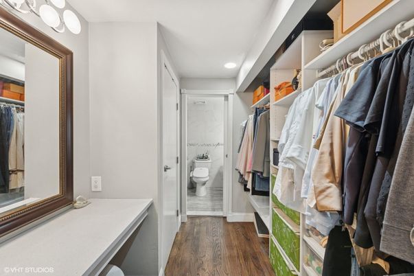 Bathroom, Interior, Recessed Lighting, Walk-in Closets, Wood Texture Flooring