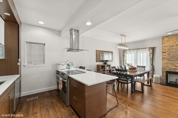 Dining room, Fireplace, Interior, Kitchen, Pendant Lights, Recessed Lighting, Stone Walls, Wood Texture Flooring