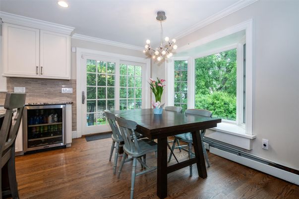 Dining room, Interior, Pendant Lights, Recessed Lighting, Wood Texture Flooring