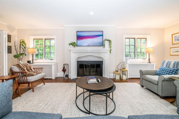Fireplace, Interior, Living room, Recessed Lighting, Wood Texture Flooring