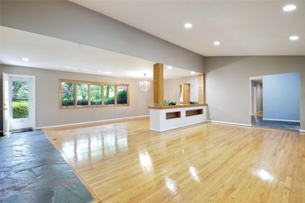 Chandelier, Empty room, Interior, Recessed Lighting, Wood Texture Flooring