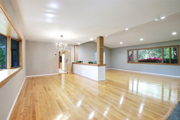 Chandelier, Empty room, Interior, Recessed Lighting, Wood Texture Flooring