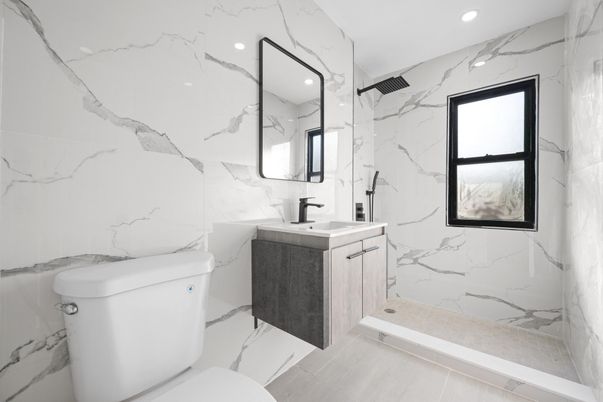 Bathroom, Glass Shower, Interior, Marble Walls, Recessed Lighting