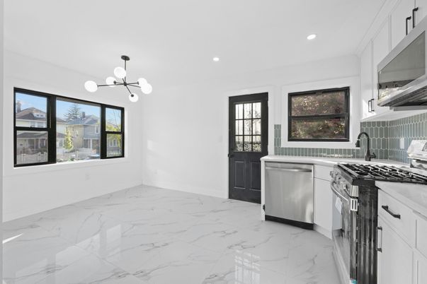 Interior, Kitchen, Marble, Pendant Lights, Recessed Lighting, Stainless Steel Appliances