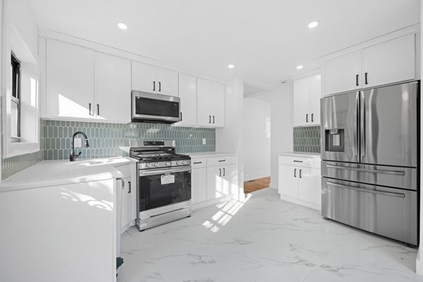 Interior, Kitchen, Marble, Recessed Lighting, Stainless Steel Appliances