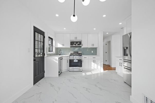 Interior, Kitchen, Marble, Pendant Lights, Recessed Lighting, Stainless Steel Appliances