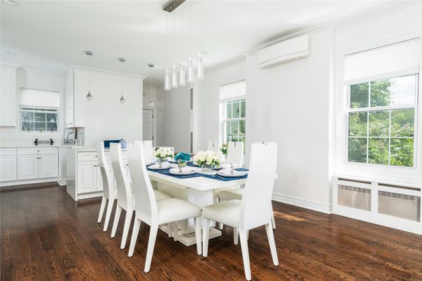 Dining room, Interior, Pendant Lights, Wood Texture Flooring