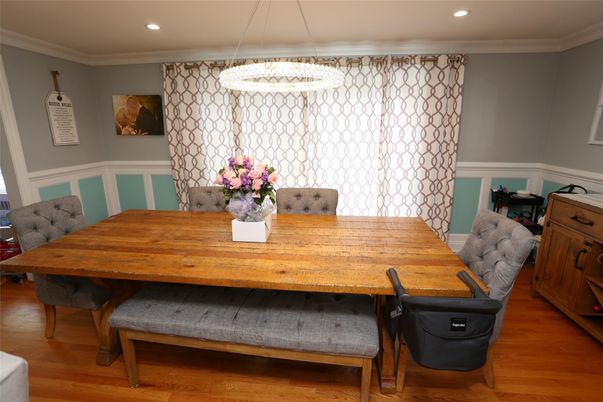 Dining room, Interior, Pendant Lights, Recessed Lighting, Wood Texture Flooring