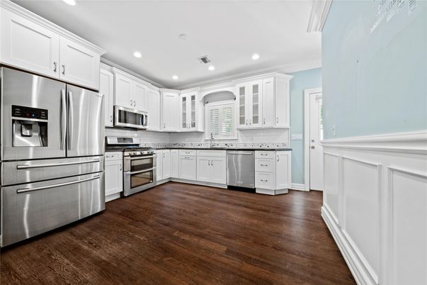 Interior, Kitchen, Recessed Lighting, Stainless Steel Appliances, Wood Texture Flooring