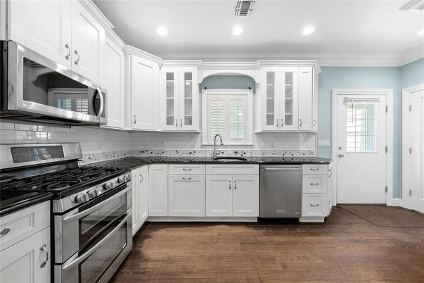 Interior, Kitchen, Recessed Lighting, Stainless Steel Appliances, Wood Texture Flooring
