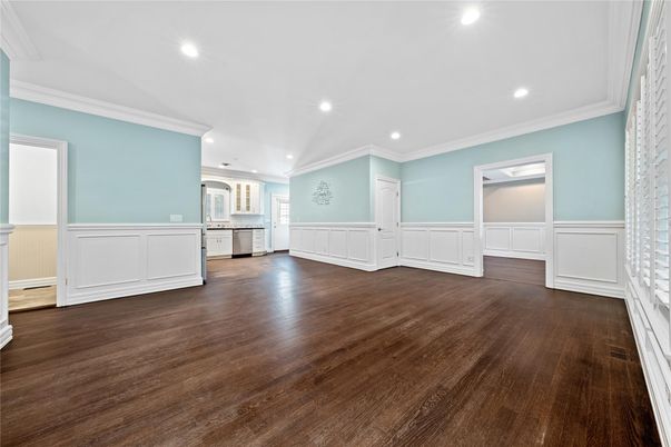 Empty room, Interior, Kitchen, Recessed Lighting, Wood Texture Flooring