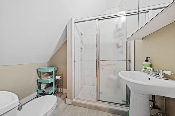 Bathroom, Glass Shower, Interior, Wood Texture Flooring