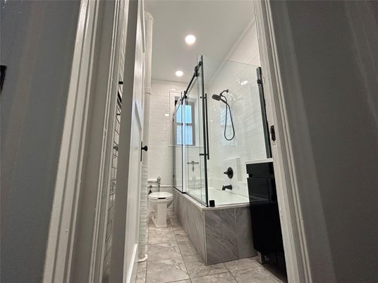Bathroom, Glass Shower, Interior, Marble, Recessed Lighting