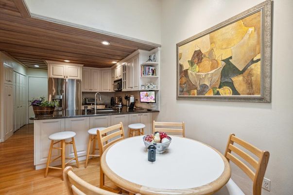 Dining room, Interior, Kitchen, Recessed Lighting, Stainless Steel Appliances, Wood Texture Flooring