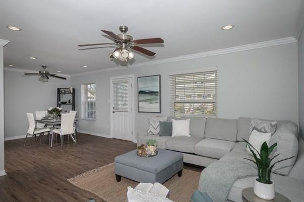 Dining room, Interior, Living room, Recessed Lighting, Wood Texture Flooring