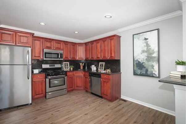Interior, Kitchen, Recessed Lighting, Stainless Steel Appliances, Wood Texture Flooring