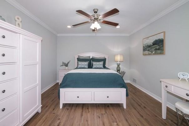 Bedroom, Interior, Recessed Lighting, Wood Texture Flooring