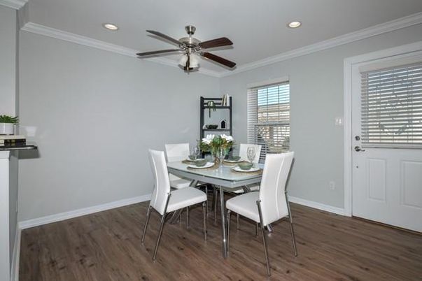 Dining room, Interior, Recessed Lighting, Wood Texture Flooring