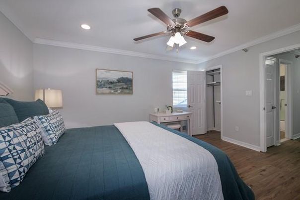 Bedroom, Interior, Recessed Lighting, Wood Texture Flooring