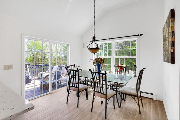 Dining room, Interior, Pendant Lights, Wood Texture Flooring
