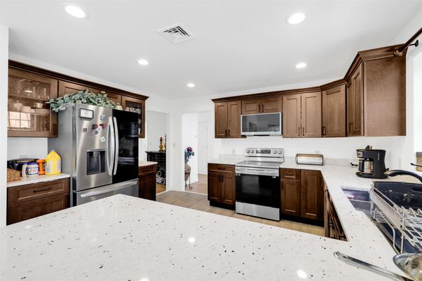 Interior, Kitchen, Recessed Lighting, Stainless Steel Appliances, Wood Texture Flooring