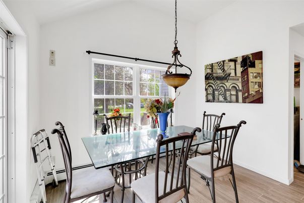 Dining room, Interior, Pendant Lights, Wood Texture Flooring