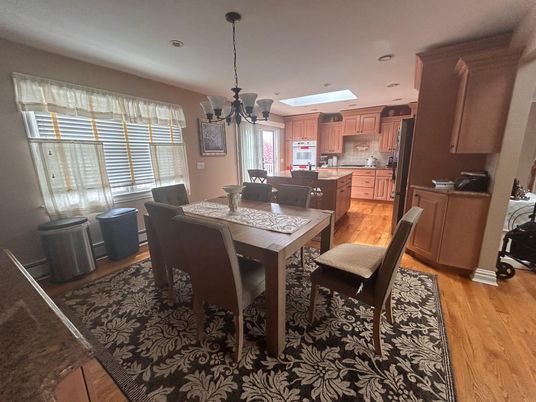 Chandelier, Dining room, Interior, Kitchen, Recessed Lighting, Wood Texture Flooring