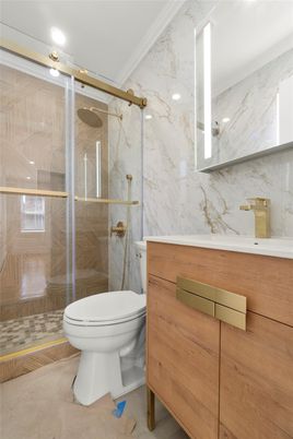 Bathroom, Glass Shower, Interior, Marble Walls, Recessed Lighting