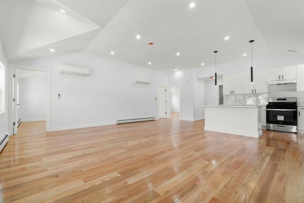 Empty room, Interior, Kitchen, Pendant Lights, Recessed Lighting, Stainless Steel Appliances, Wood Texture Flooring
