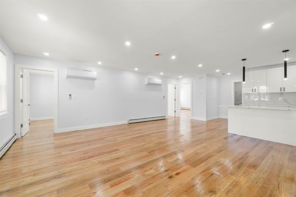 Empty room, Interior, Kitchen, Pendant Lights, Recessed Lighting, Wood Texture Flooring